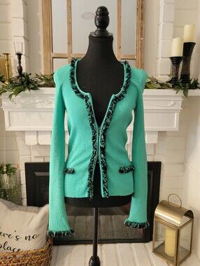 Vintage Cache Teal Fringe-Trim Ribbed Cardigan Size Small